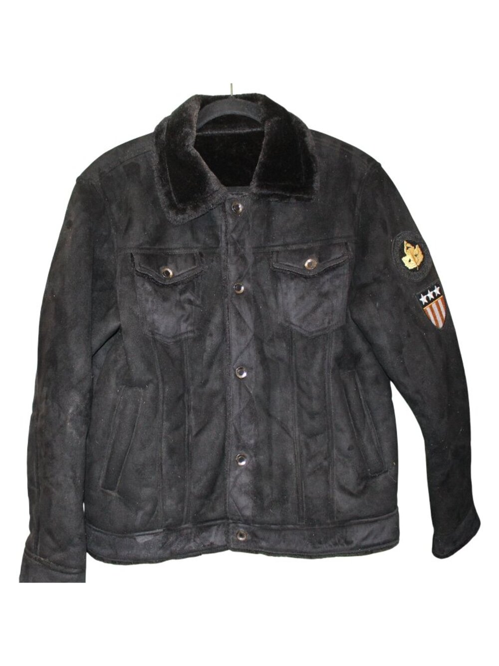 Men's Black Faux Suede Sherpa Lined Trucker Jacket Fur Collar Coat Patches Sz M